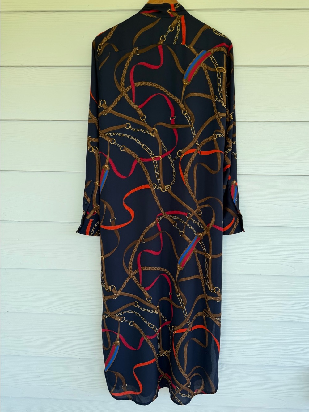 Ralph Lauren Georgette Equestrian Chain Print Tie Neck Midi Dress Navy 14 - Picture 10 of 11